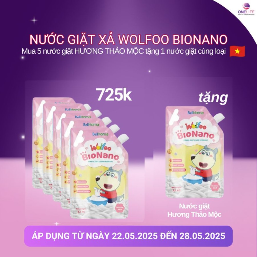 Mua 5 tặng 1 túi Nước giặt xả Công nghệ sinh học Wolfoo - An toàn cho em bé & da nhạy cảm - Hương Thảo Mộc
