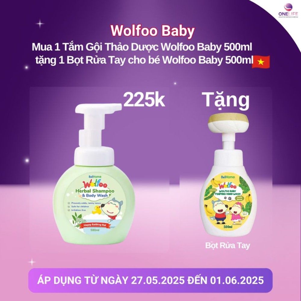 [Deal Hời] Mua 1 Tắm Gội Thảo Dược 500ml tặng 1 Bọt Rửa Tay cho bé 500ml Wolfoo Baby