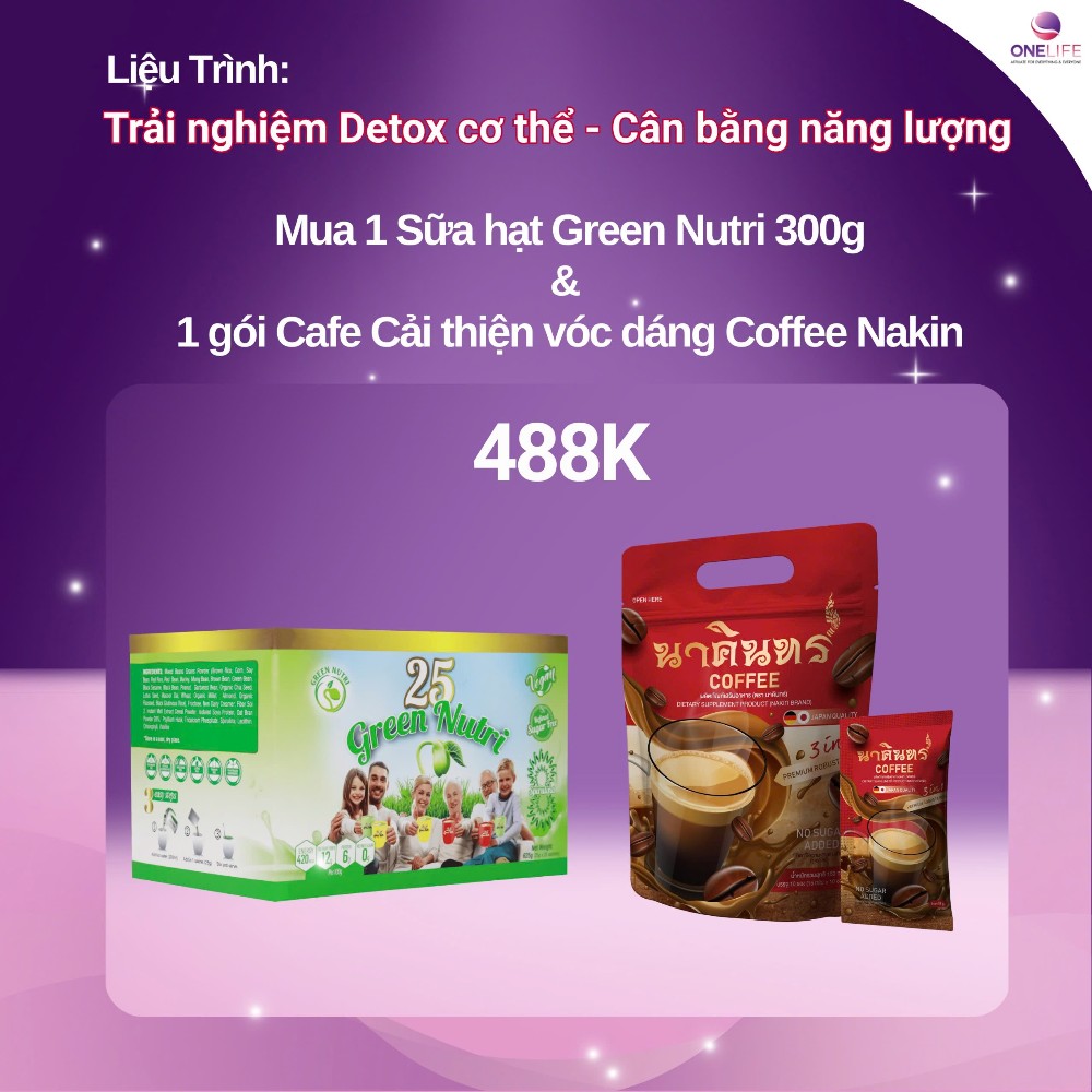Liệu trình trải nghiệm: Detox cơ thể - 1 Hộp sữa hạt Green Nutri 300gr và 1 gói Cafe Nakin 150gr