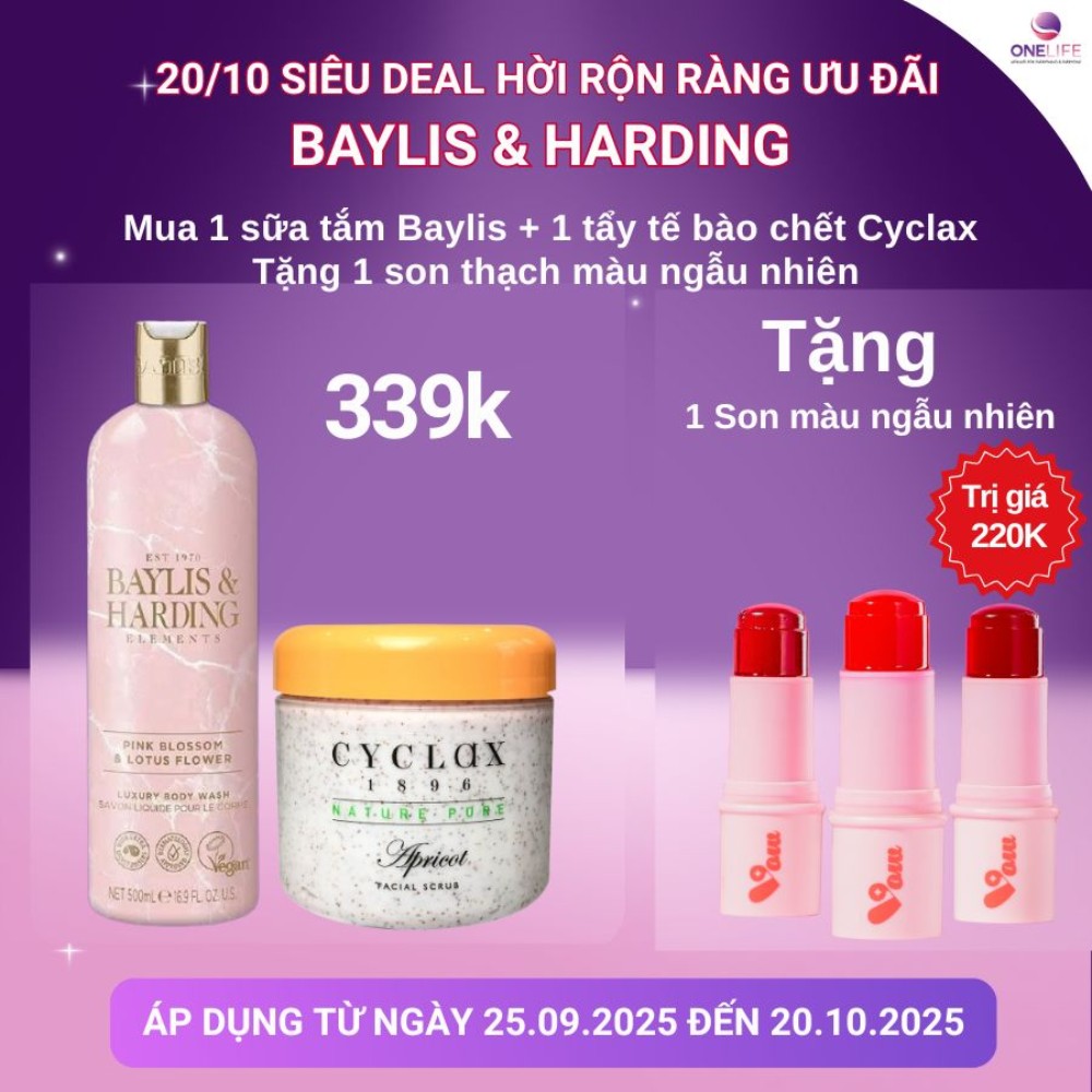 Combo Sữa tắm B&H Hoa sen hồng + Tẩy tế bào chết Cyclax - Tặng 1 son thạch màu ngẫu nhiên
